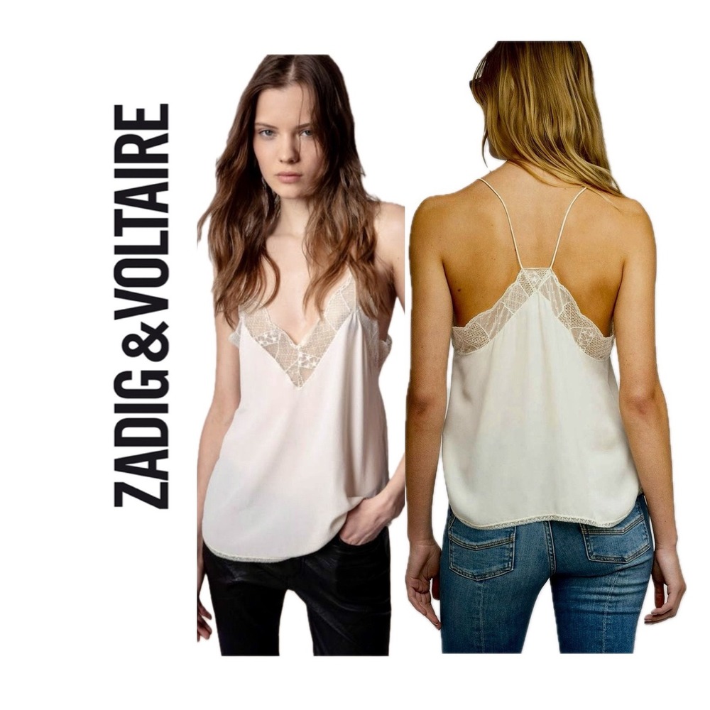 Zadig & Voltaire Silk Lace Trim Camisole V-Neck Tank Top Cream Beige Minimalist